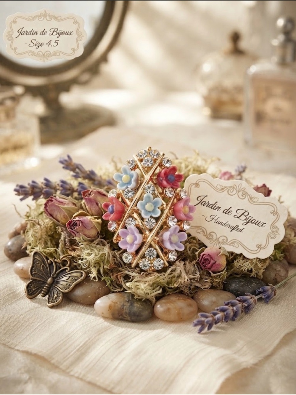 Gold-Tone Floral Crystal Ring — Pastel Multicolor
